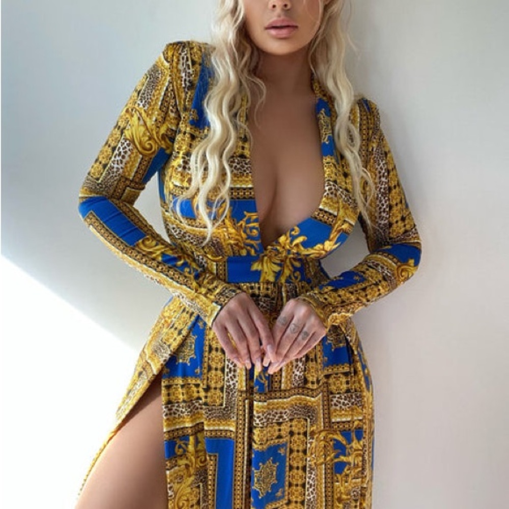 Fashion Nova Blue and Gold Patterned Maxi Dress - Picture 2 of 13